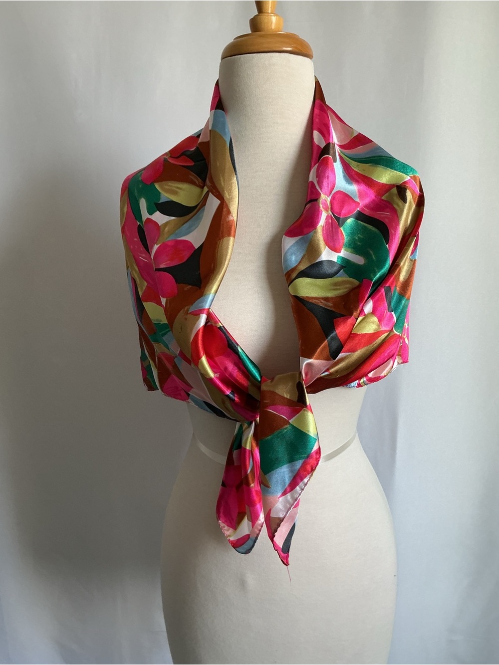 Bright Floral Satin Scarf in Pink, Green & Gold